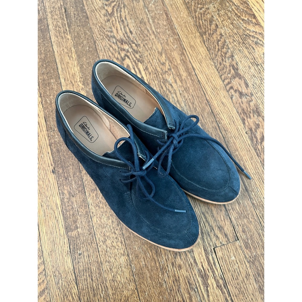 Clarks Originals Phenia Navy Blue Suede Lace Up Oxford Block Heel Shoes Womens 8